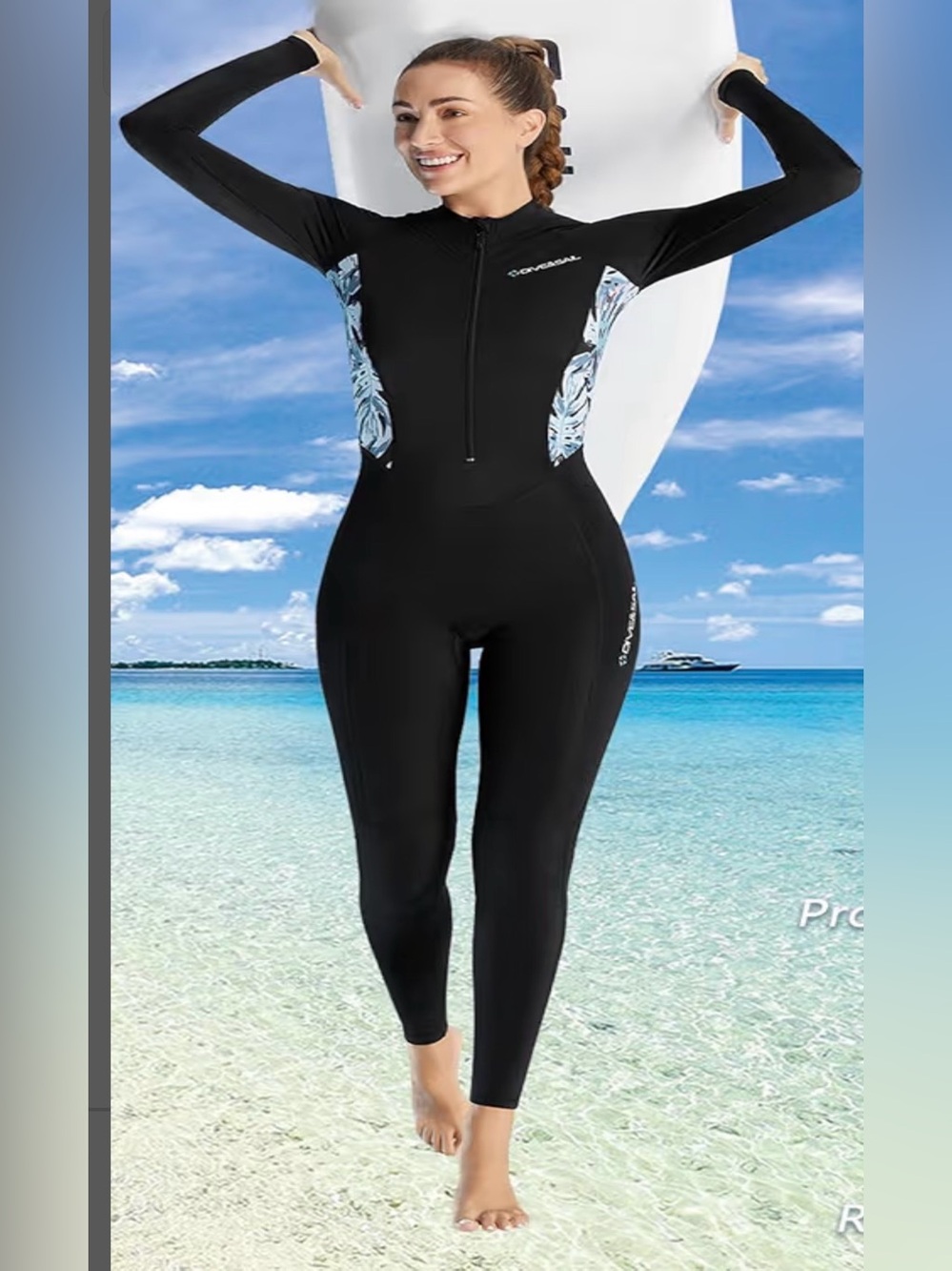 Black Long-Sleeve One-Piece Swimsuit with Blue Leaf Panels
